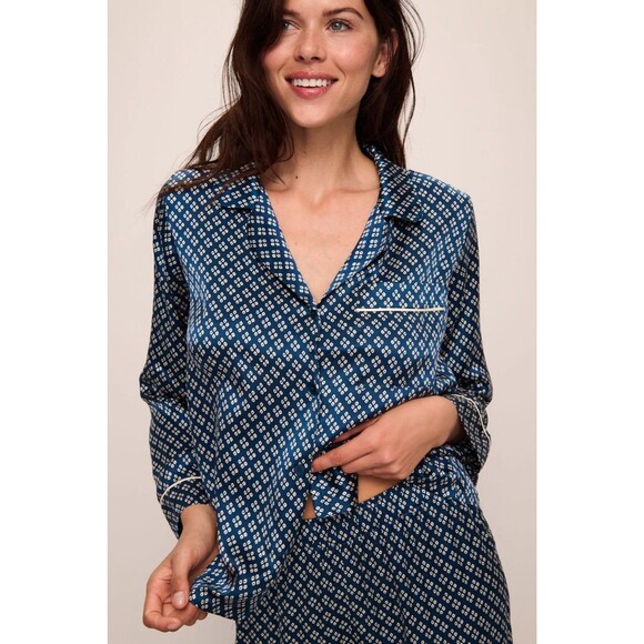 eberjey Other - Eberjey Inez Washable Silk Printed Long PJ Pajama Top Size M Navy